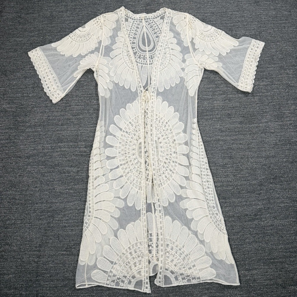 Adiva Sheer Duster Cardigan Women Small Ivory Tie Front Beach Boho Angel Open